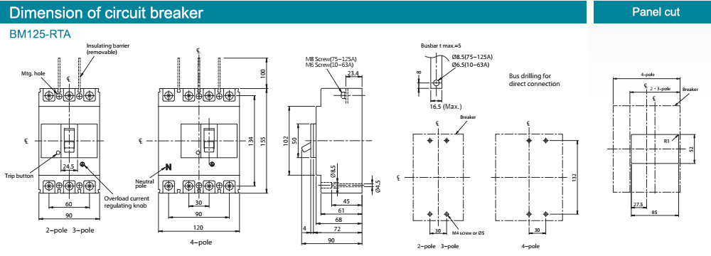 Kích thước : MCCB BM125-RTA 3P 60A