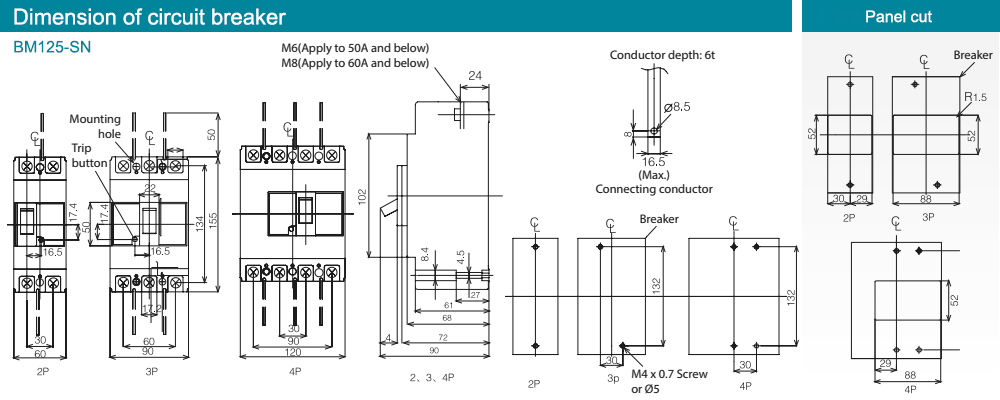 Kích thước : MCCB BM125-SN 3P 10A