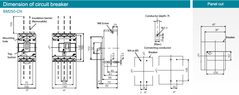 Kích thước : MCCB BM250-CN 3P 200A