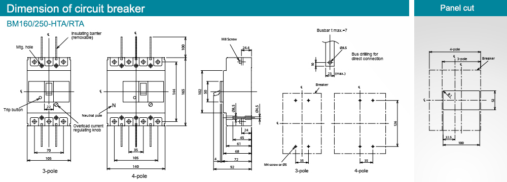 Kích thước : MCCB BM250-RTA 3P 225A