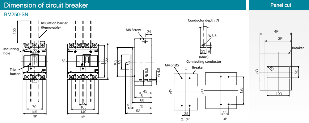Kích thước : MCCB BM250-SN 3P 200A