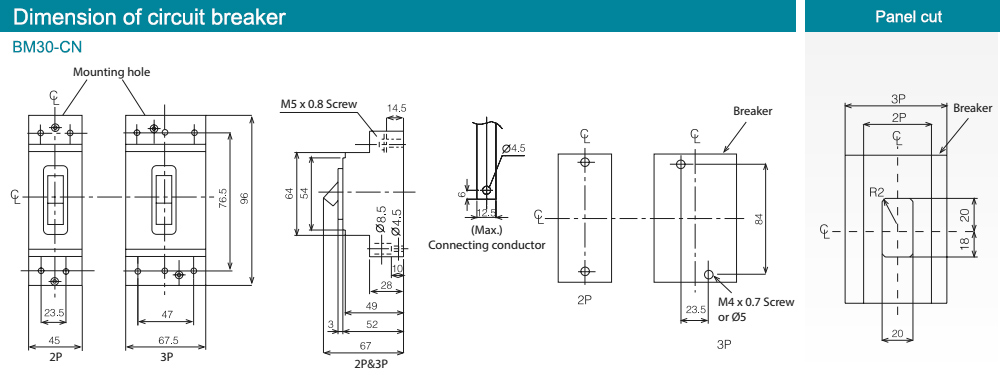 Kích thước : MCCB BM30-CN 2P 20A