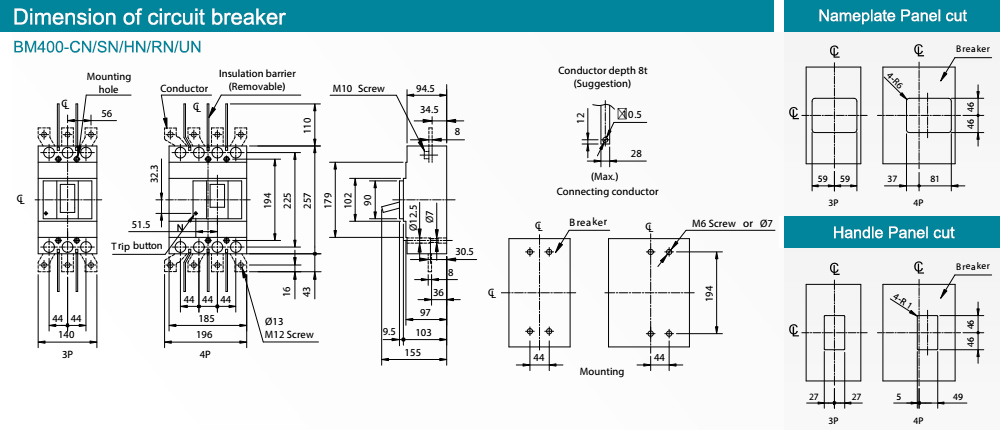 Kích thước : MCCB BM400-CN 3P 300A