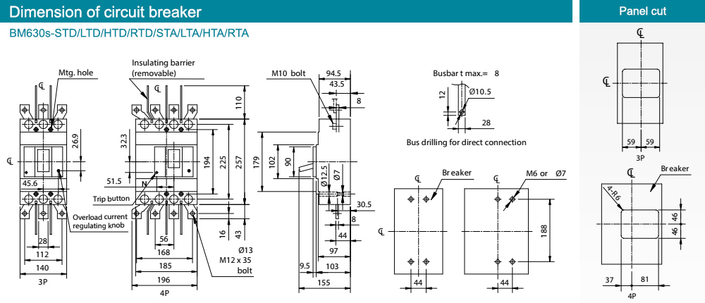 Kích thước : MCCB BM630s-RTA 3P 400A