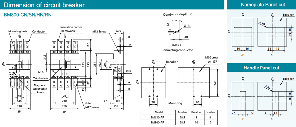 Kích thước : MCCB BM800-SN 3P 700A
