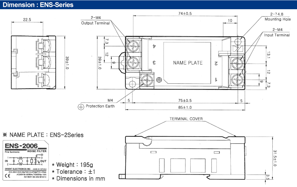 Kích thước : Bộ lọc nhiễu Fine Suntronix ENS-2020 1P, 20A