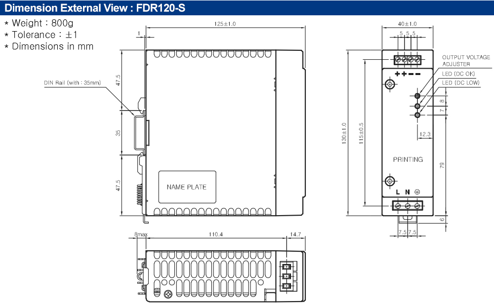 Kích thước : Bộ nguồn Fine Suntronix FDR120-48 120W, 1 đầu ra