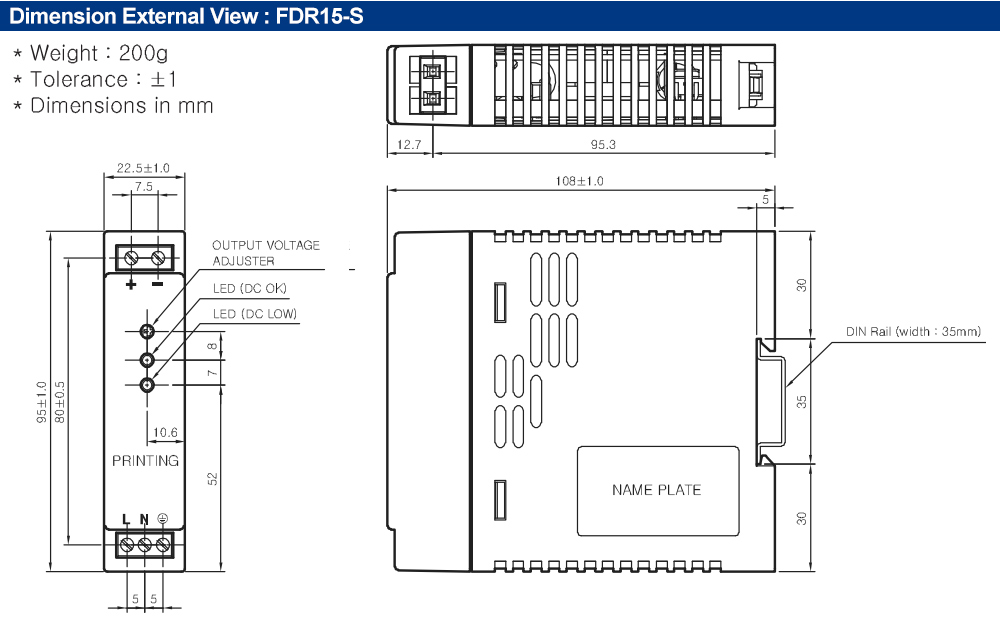 Kích thước : Bộ nguồn Fine Suntronix FDR15-05 15W, 1 đầu ra