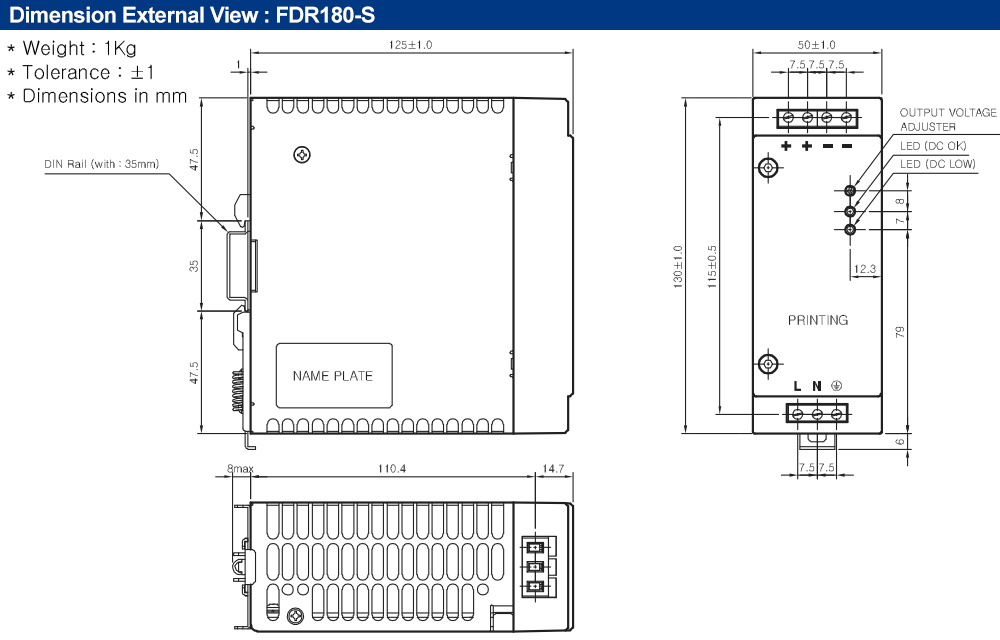 Kích thước : Bộ nguồn Fine Suntronix FDR180-24 180W, 1 đầu ra