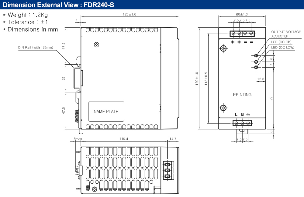 Kích thước : Bộ nguồn Fine Suntronix FDR240-48 240W, 1 đầu ra