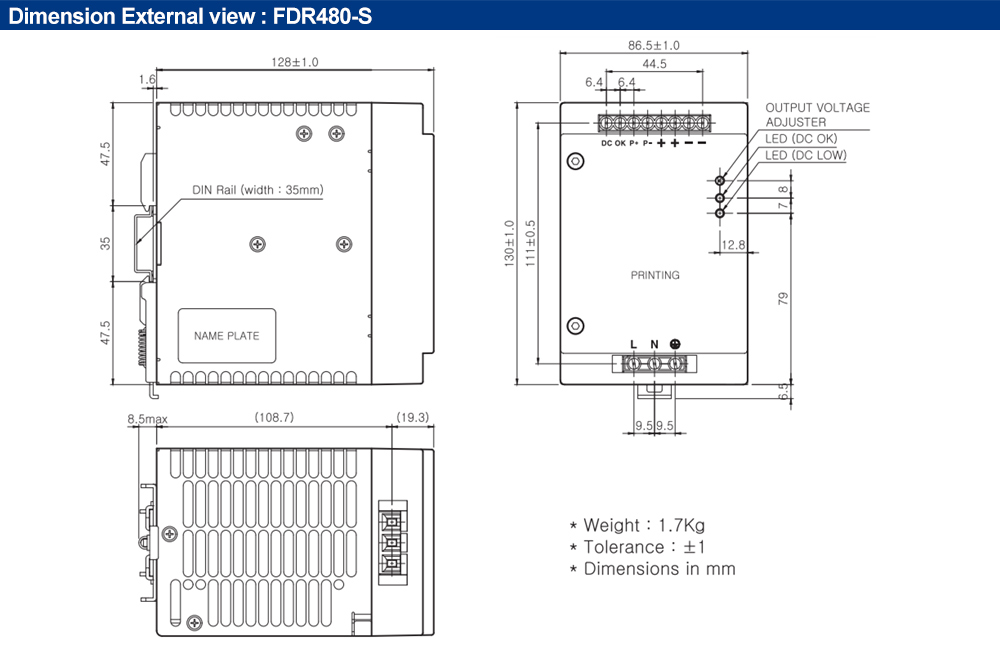 Kích thước : Bộ nguồn Fine Suntronix FDR480-24 480W, 1 đầu ra