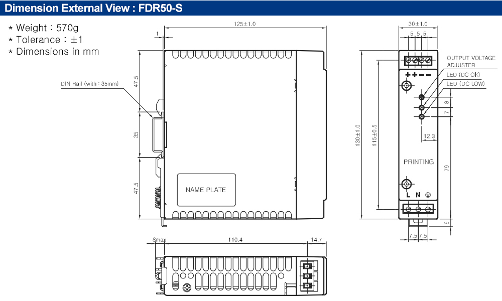 Kích thước : Bộ nguồn Fine Suntronix FDR50-24 50W, 1 đầu ra