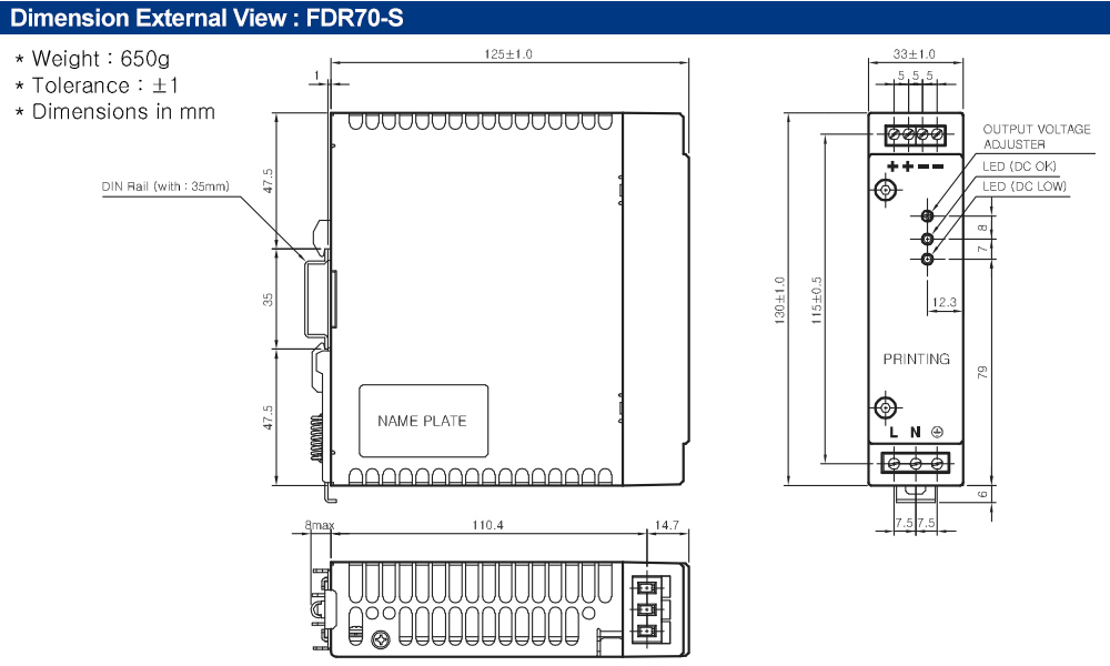 Kích thước : Bộ nguồn Fine Suntronix FDR70-48 70W, 1 đầu ra
