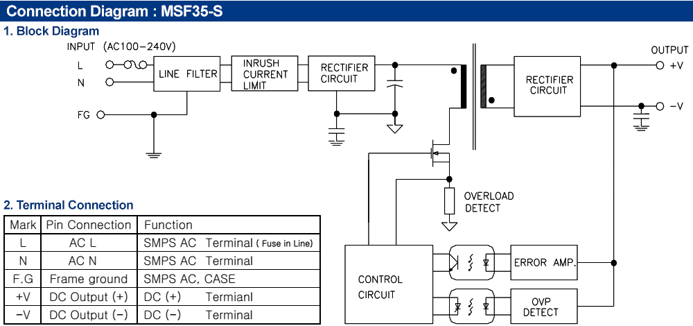 Sơ đồ kết nối : Bộ nguồn Fine Suntronix MSF35-24 35W, 1 đầu ra