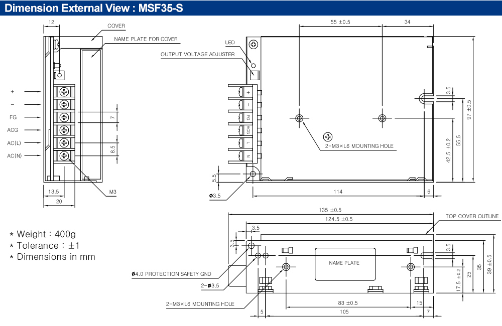 Kích thước : Bộ nguồn Fine Suntronix MSF35-24 35W, 1 đầu ra