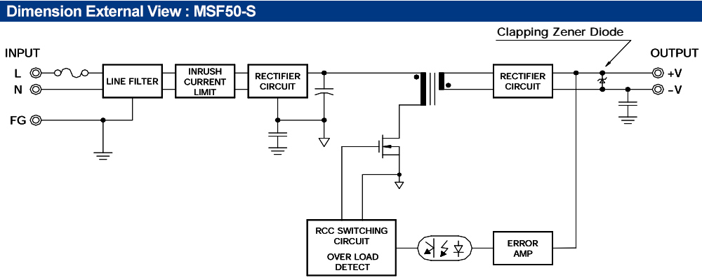 Sơ đồ kết nối : Bộ nguồn Fine Suntronix MSF50-15 50W, 1 đầu ra