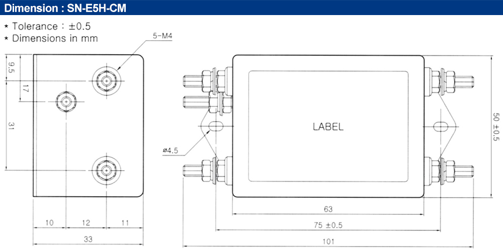 Kích thước : Bộ lọc nhiễu Fine Suntronix SN-E5H-CM 1P, 5A