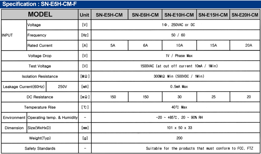 Thông số kỹ thuật : Bộ lọc nhiễu Fine Suntronix SN-E5H-CM 1P, 5A