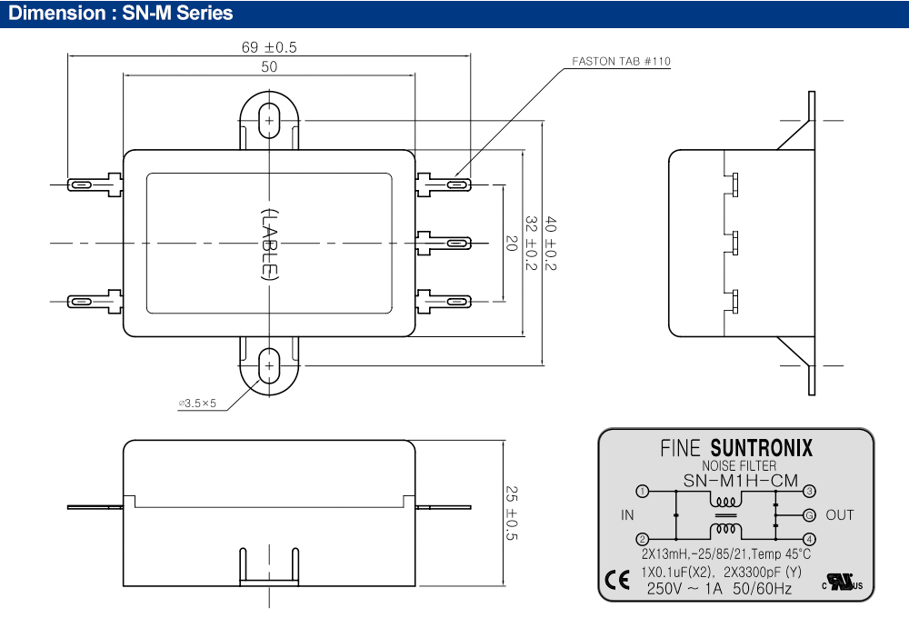 Kích thước : Bộ lọc nhiễu Fine Suntronix SN-M6H-CM 1P, 6A