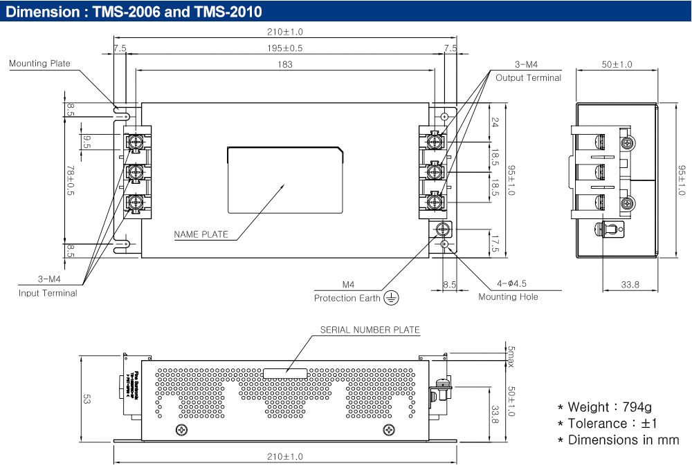 Kích thước : Bộ lọc nhiễu Fine Suntronix TMS-2010 3P, 10A