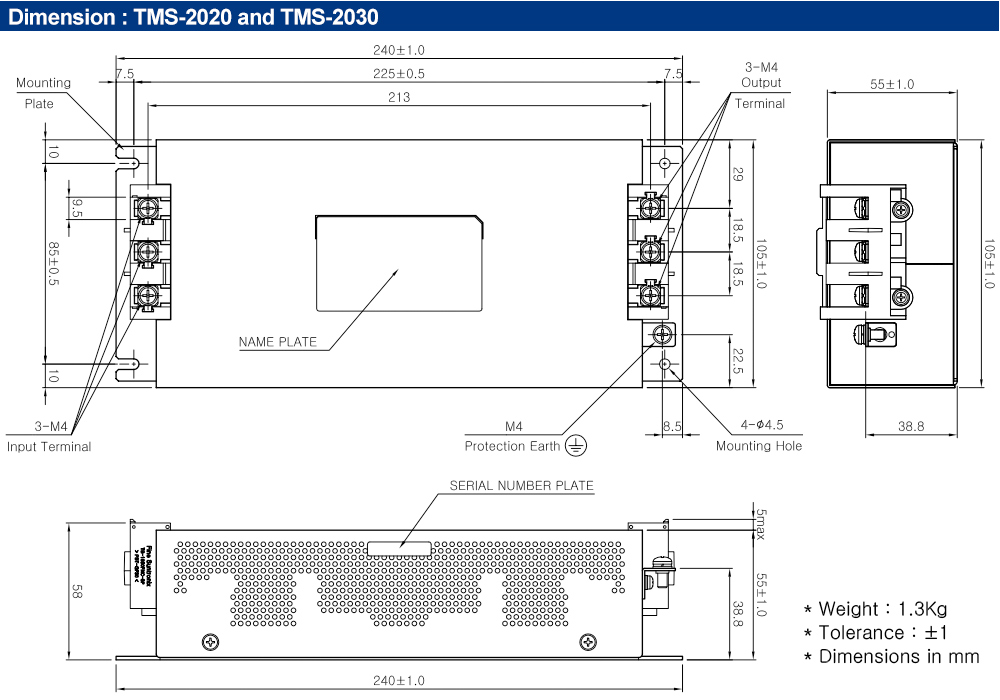 Kích thước : Bộ lọc nhiễu Fine Suntronix TMS-2020 3P, 20A