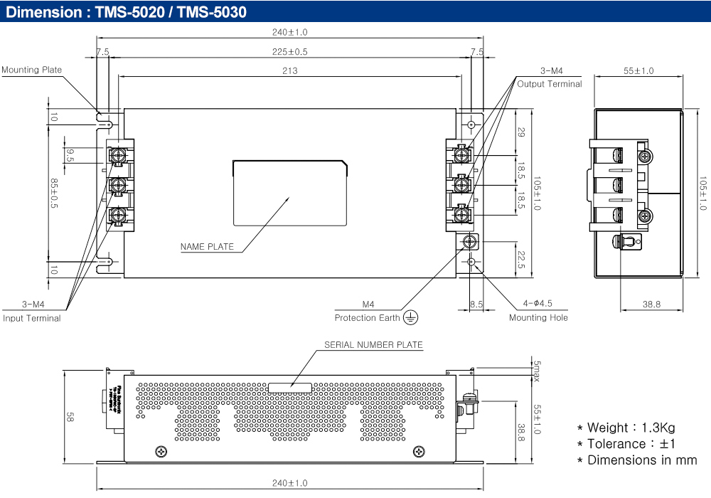 Kích thước : Bộ lọc nhiễu Fine Suntronix TMS-5020 3P, 20A