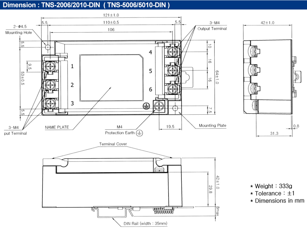 Kích thước : Bộ lọc nhiễu Fine Suntronix TNS-2006-DIN 3P, 6A