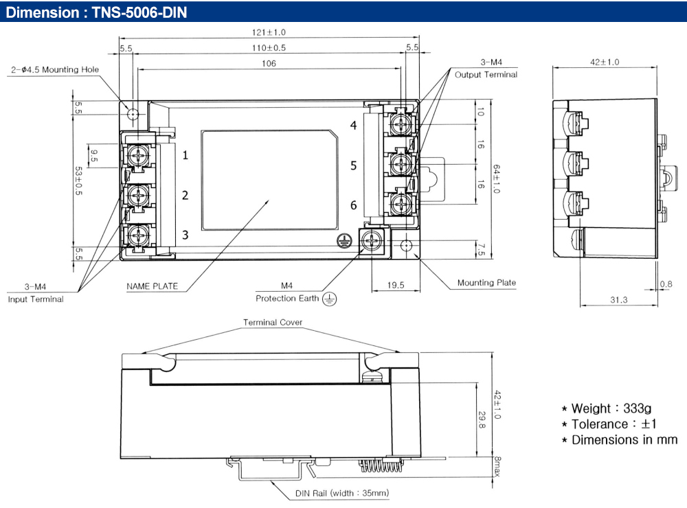 Kích thước : Bộ lọc nhiễu Fine Suntronix TNS-5006-DIN 3P, 6A