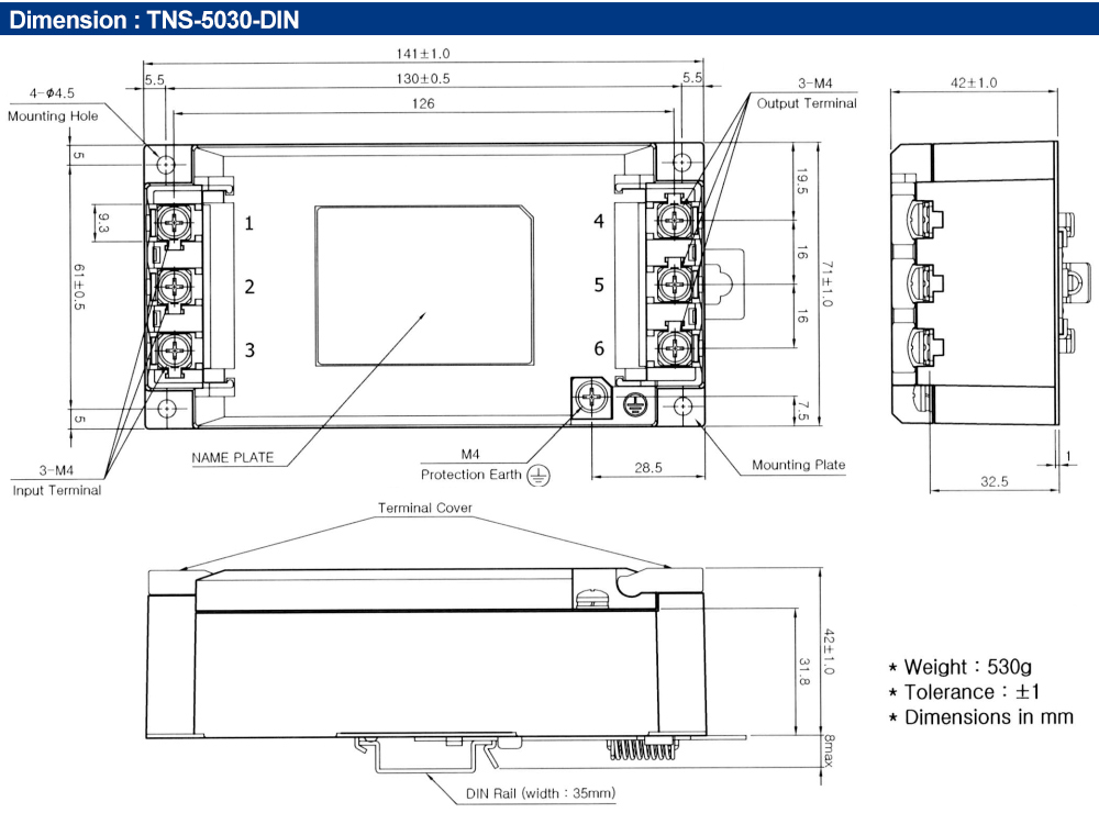 Kích thước : Bộ lọc nhiễu Fine Suntronix TNS-5030-DIN 3P, 30A