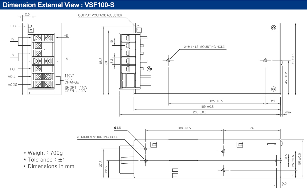 Kích thước : Bộ nguồn Fine Suntronix VSF100-09 100W, 1 đầu ra