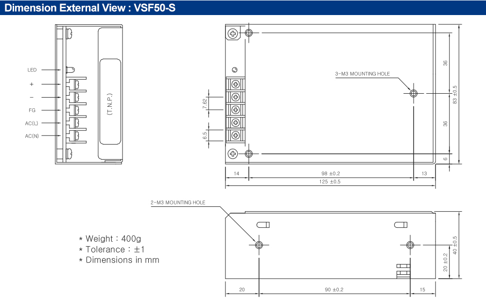 Kích thước : Bộ nguồn Fine Suntronix VSF50-09 50W, 1 đầu ra