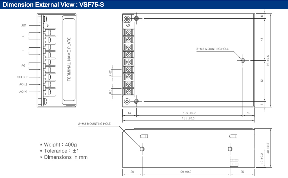 Kích thước : Bộ nguồn Fine Suntronix VSF75-48 75W, 1 đầu ra