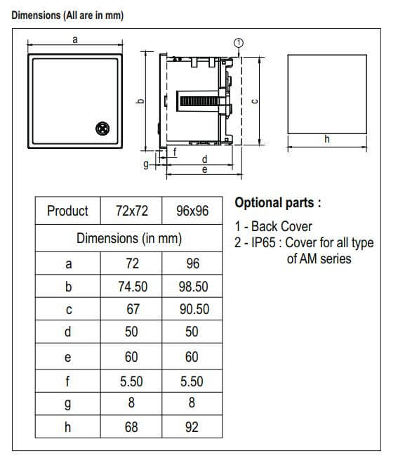Kích thước Selec AM-I-3-50/5A Đồng hồ kim đo dòng điện