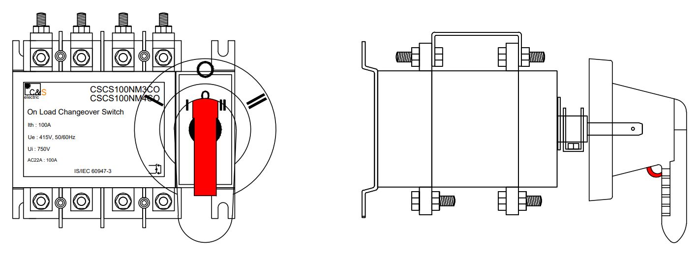 Cấu tạo và Kích thước Bộ chuyển nguồn bằng tay MTS CS 3 pha 100A CS CSCS100NM3CO