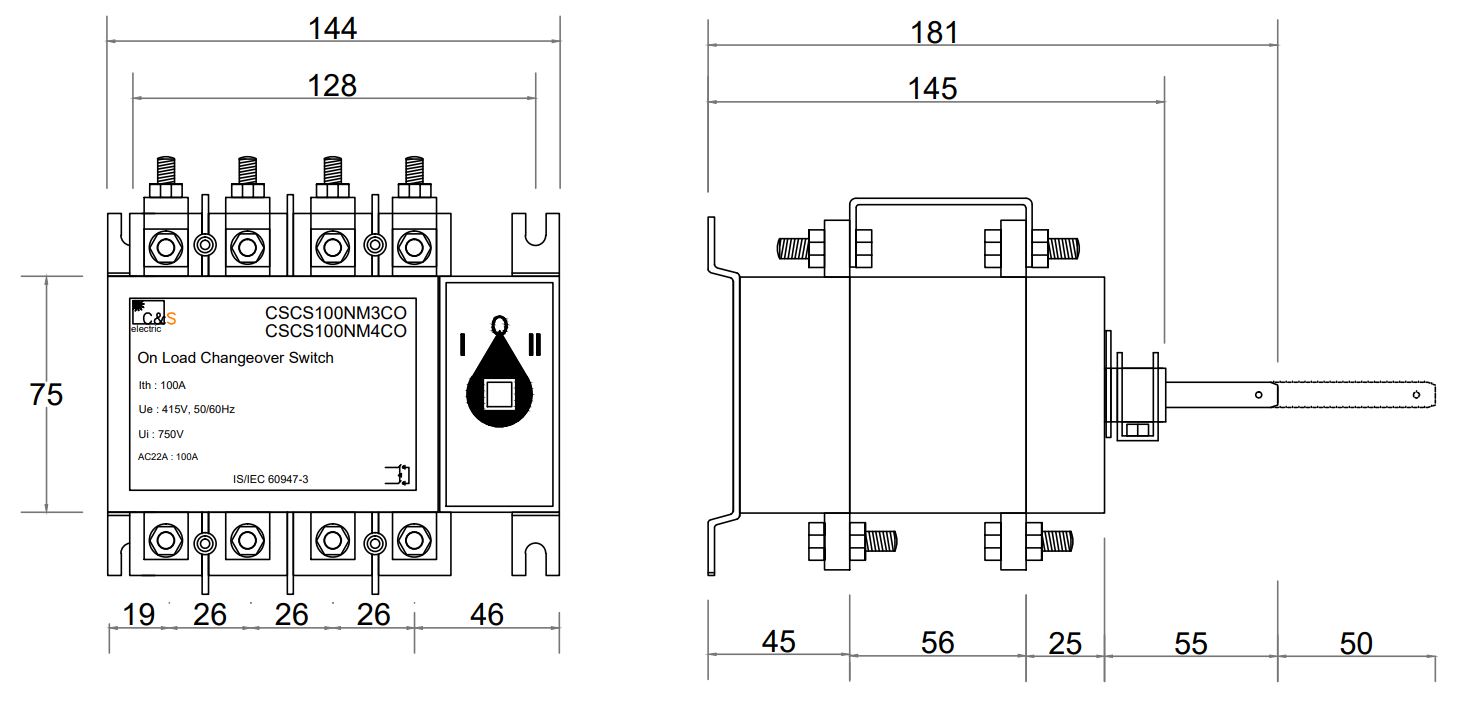 Cấu tạo và Kích thước Bộ chuyển nguồn bằng tay MTS CS 3 pha 100A CS CSCS100NM3CO