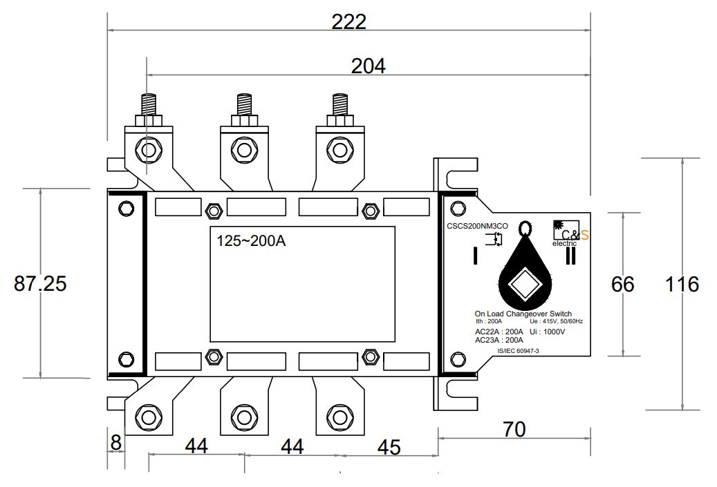 Cấu tạo và Kích thước Bộ chuyển nguồn bằng tay MTS CS 3 pha 200A CS E-CSCS200NM3CO