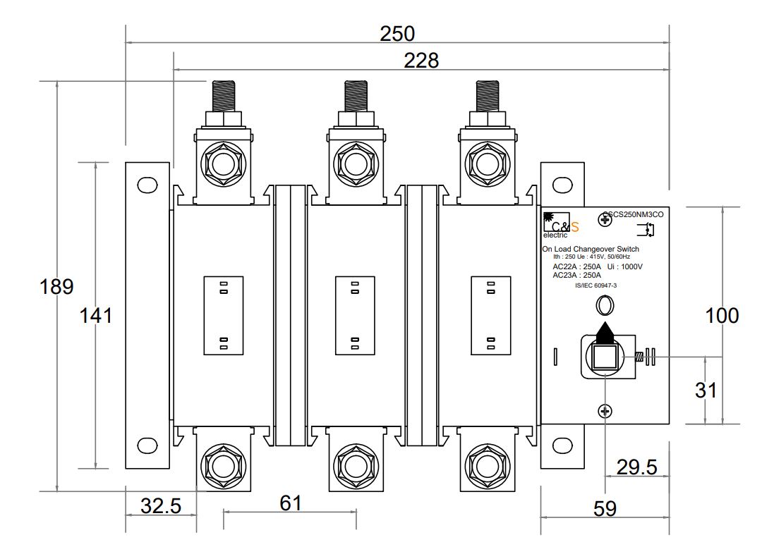 Cấu tạo và Kích thước Bộ chuyển nguồn bằng tay MTS CS 3 pha 315A CS E-CSCS315DM3CO