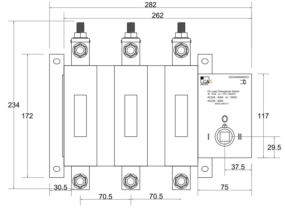 Cấu tạo và Kích thước Bộ chuyển nguồn bằng tay MTS CS 3 pha 400A CS E-CSCS400K3CO