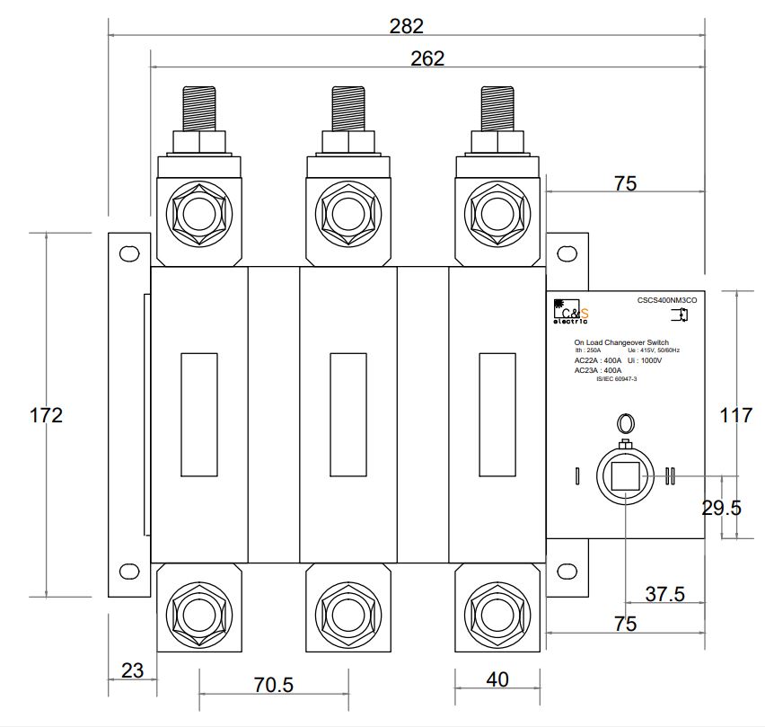 Cấu tạo và Kích thước Bộ chuyển nguồn bằng tay MTS CS 3 pha 800A CS CSCS800K3CO
