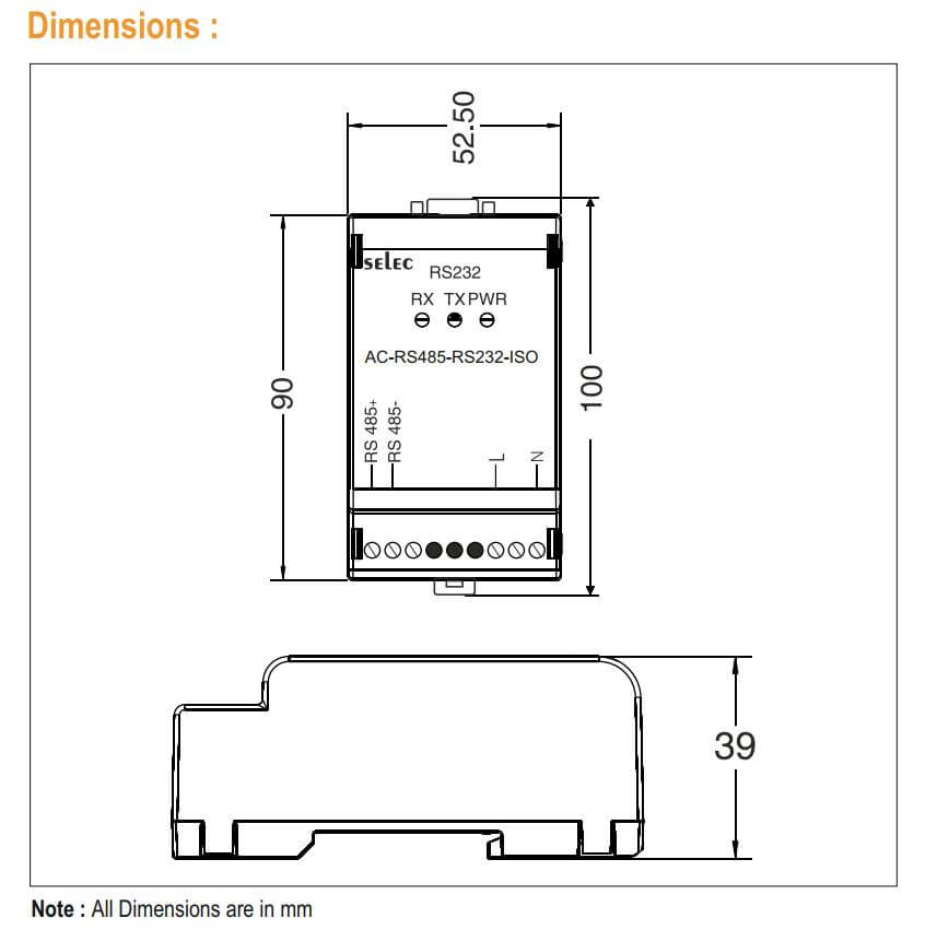 Kích thước Selec AC-RS485-RS232-ISO: Đồng hồ đo đa chức năng