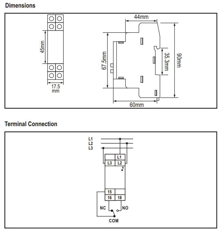 Kích thước Selec 600PSR-280 / 520: Rờ le bảo vệ Ngược pha và mất pha