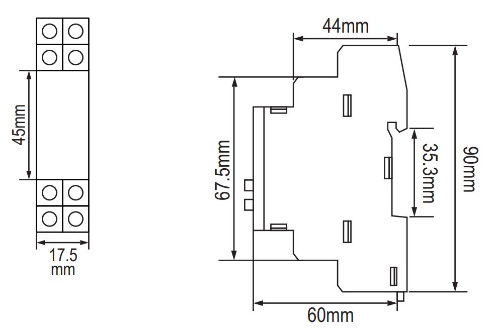 Kích thước Rơ le bảo vệ ngược pha ,mất pha và đảo pha Selec 642PSR-280/520