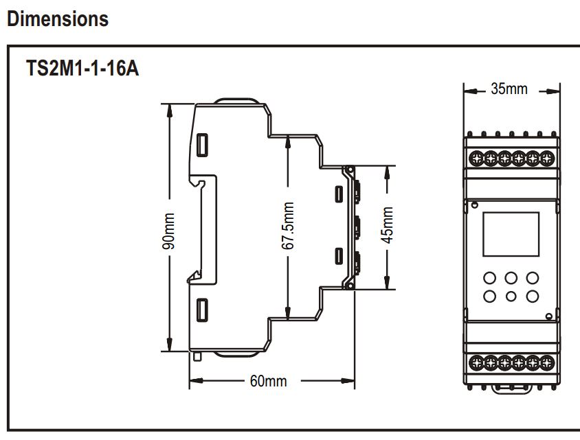Kích thước Timer Switch hiển thị màn hình LCD Selec TS2M1-1-16A-230V