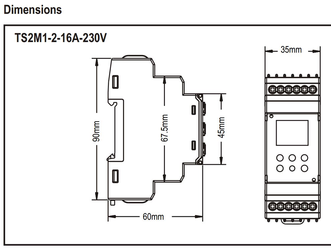 Kích thước Timer Switch hiển thị màn hình LCD Selec TS2M1-2-16A-230V