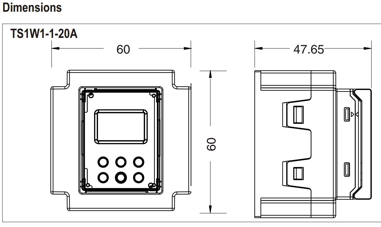Kích thước Timer Switch hiển thị màn hình LCD Selec TS1W1-1-20A-230V