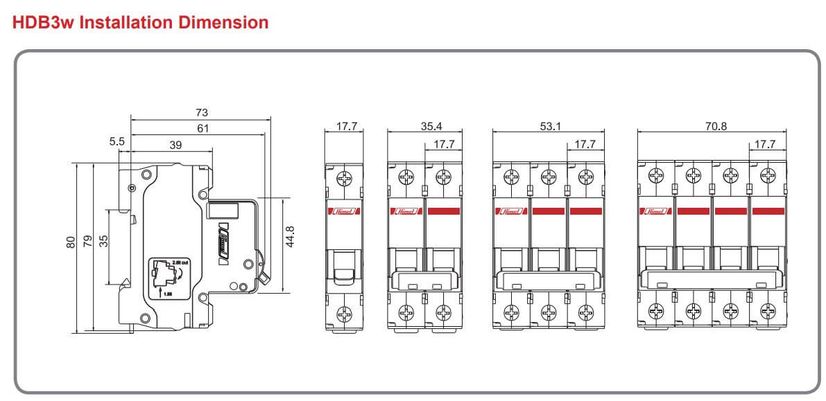 Cấu tạo và Kích thước MCB Himel 4P C 20A 6kA Himel HDB3wN4C20
