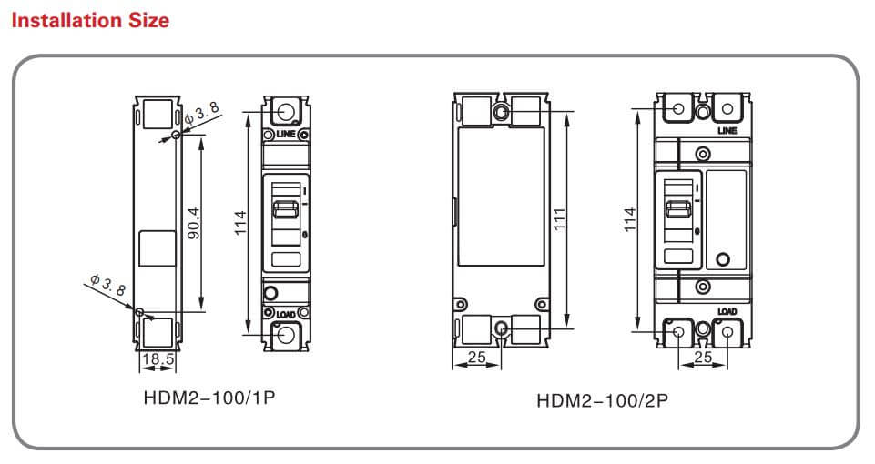 Cấu tạo và Kích thước Himel MCCB 2P 20A 25kA HDM2100L0202