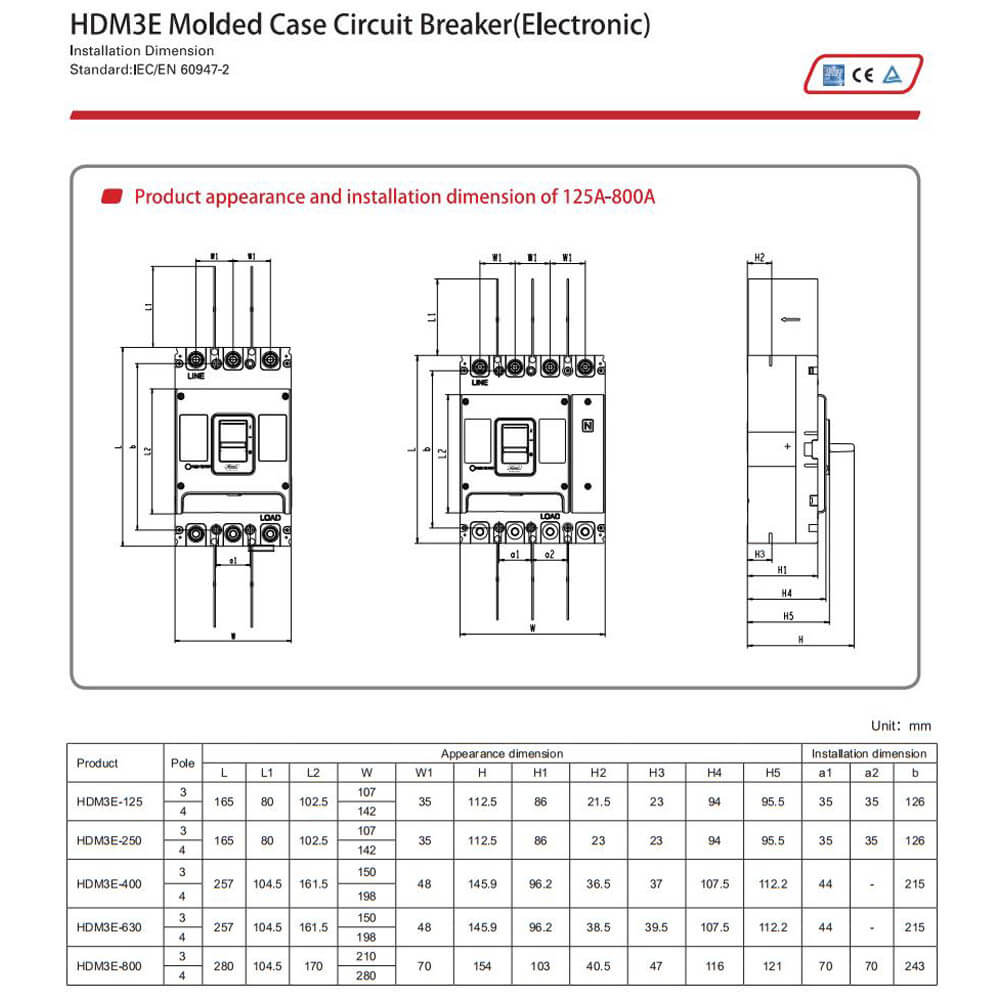Cấu tạo và Kích thước Himel MCCB chỉnh dòng điện tử 3P, 800A Ics= Icu=50kA HDM3E800M80033XX