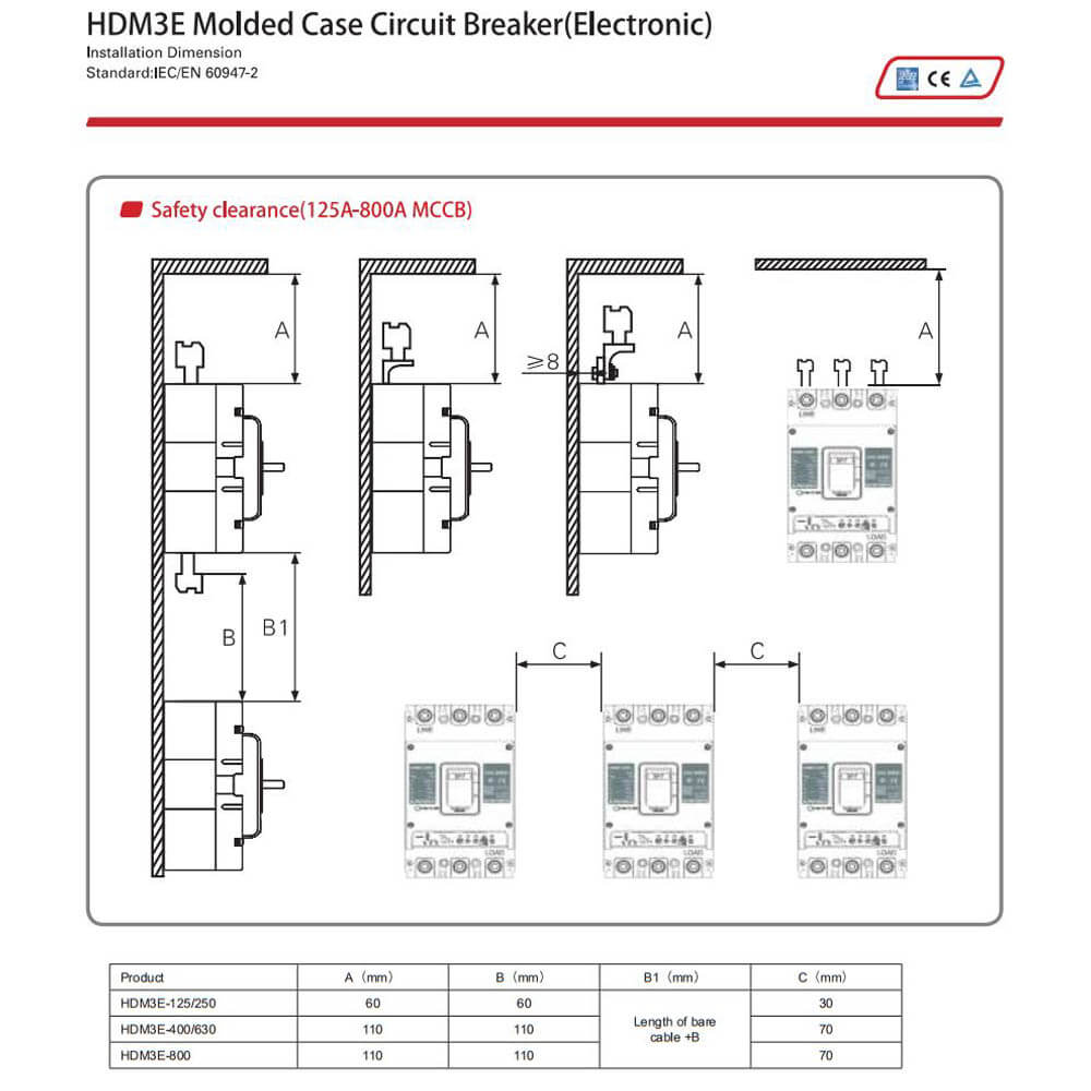 Cấu tạo và Kích thước Himel MCCB chỉnh dòng điện tử 3P, 800A Ics= Icu=50kA HDM3E800M80033XX