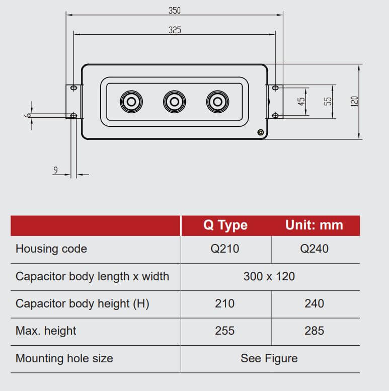 Kích thước Tụ bù vuông 3P 50kvar 450V 3P HBSM-0-450V-50kvar-3phase-Q